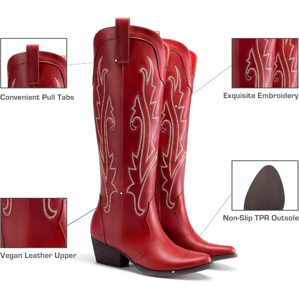 Women's Red Rubber Embroidered Cow Girl Knee High Comfortable Chunky Boots - Picture 4 of 6